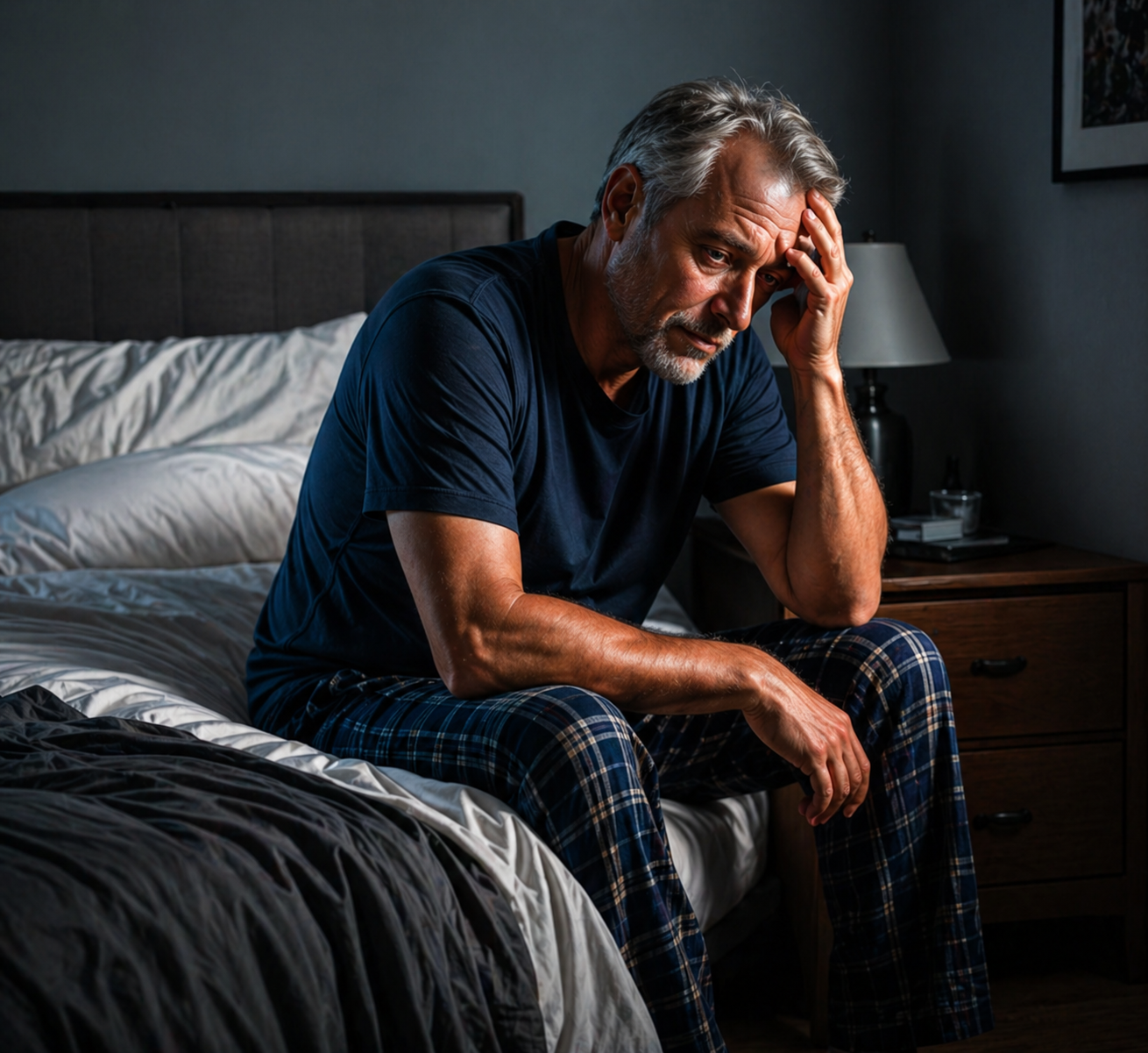 Man sitting on bed at night